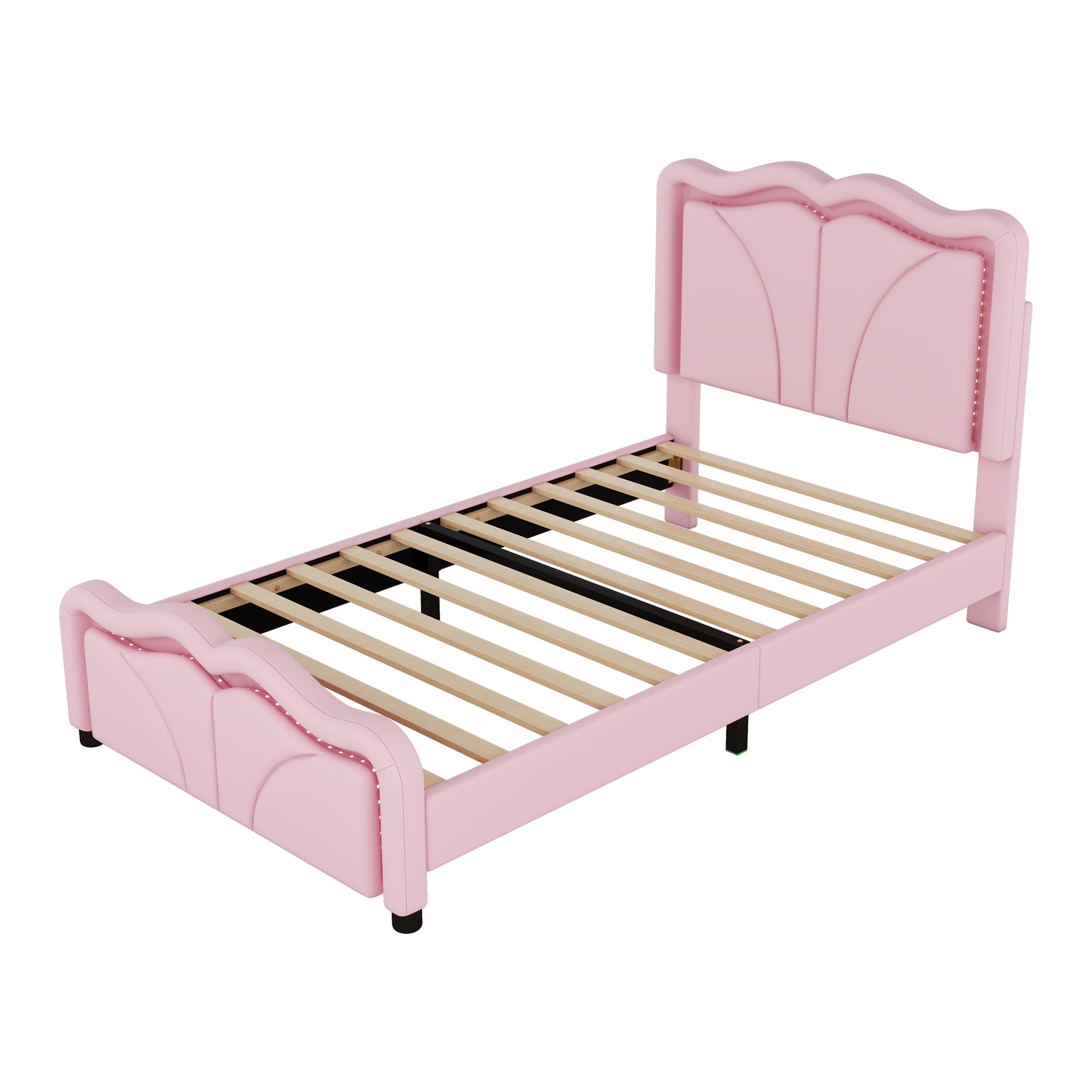 PAPROOS Twin Size LED Bed Frame, PU Leather Upholstered Bed, Wood Platform Bed with Soft Cushioned Headboard, Princess Bed, Pink