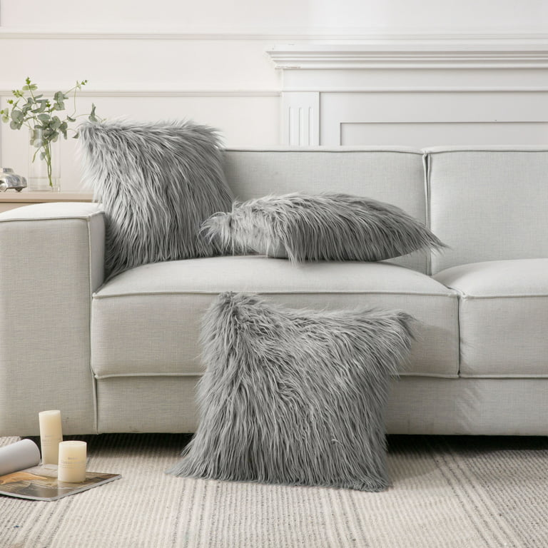 Luxury Mongolian Fluffy Faux Fur Series Square Decorative Throw Pillow  Cusion for Couch, 18 x 18, Gray, 2 Pack