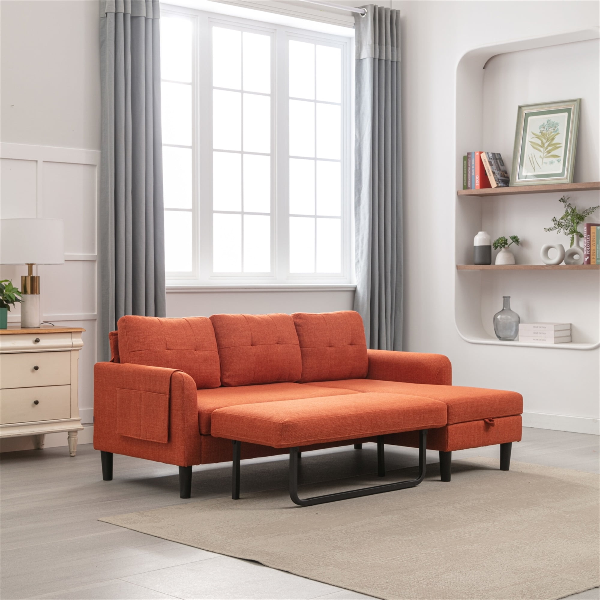 Resenkos L Shaped 4-Seat Sleeper Sectional Sofa Couch Pull-Out Bed and Storage Chaise Lounge, Orange Resenkos L Shaped 4-Seat Sleeper Sectional Sofa Couch Pull-Out Bed and Storage Chaise Lounge, Orange