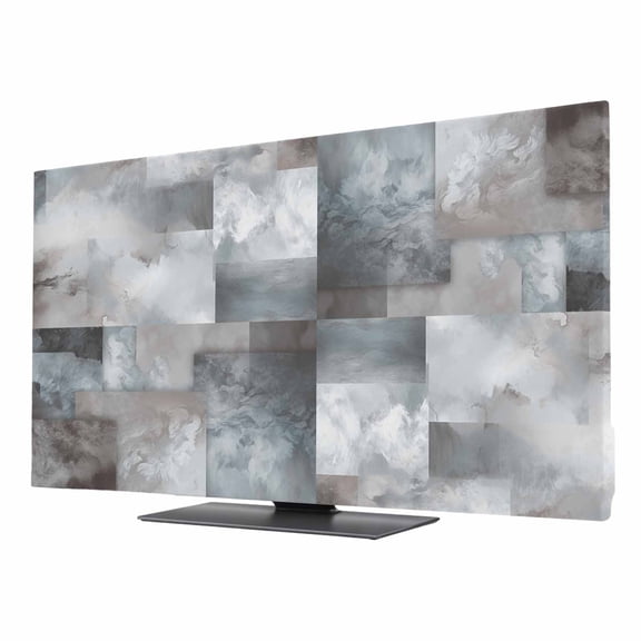 Indoor TV Cover 75 Inch, Gray Geometric Elastic Monitor Dust Covers for Television, Desktop Computer Modern Abstract Art Block Dustproof Fitted TV Cover for Inside 65.4"L x 36.8"H