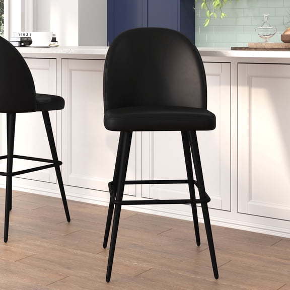 Emma Oliver Modern Black Faux Leather Upholstered Bar Height Dining Stools with Contoured Backs & Powder Coated Steel Legs with Floor Glides - Set of 2