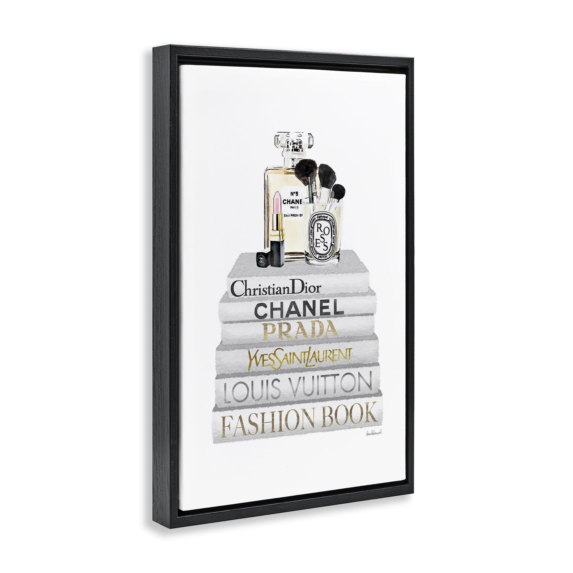 Stupell Industries Neat Bookstack with Makeup Fashion Painting Black Floater Framed Canvas Art Print Wall Art, 17 x 25