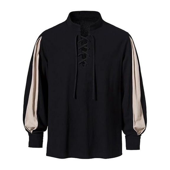 Mens T-shirts Men's Casual Loose Fit Stand Collar Shirt With Tie Detail Color Block Design For Daily Wear Comfortable Non Stretch Fabric All Season Mod Bod Tops Long Sleeve Shirt Men Black 3XL