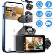 Car Dash Cam 3 Channel with Infrared Night Vision (4 IR Lights/Per Side), 1080P Front & 480P Inside/Rear Cameras, Parking Reverse Image & Motion Detection for 24H Security