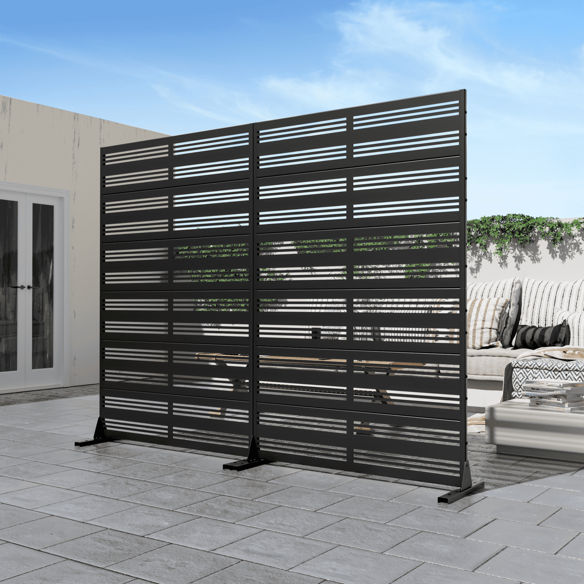 MAYEERTY 72*47" Outdoor Black Metal Freestanding Panel Screen for Patio, Wide-Narrow Slat Pattern