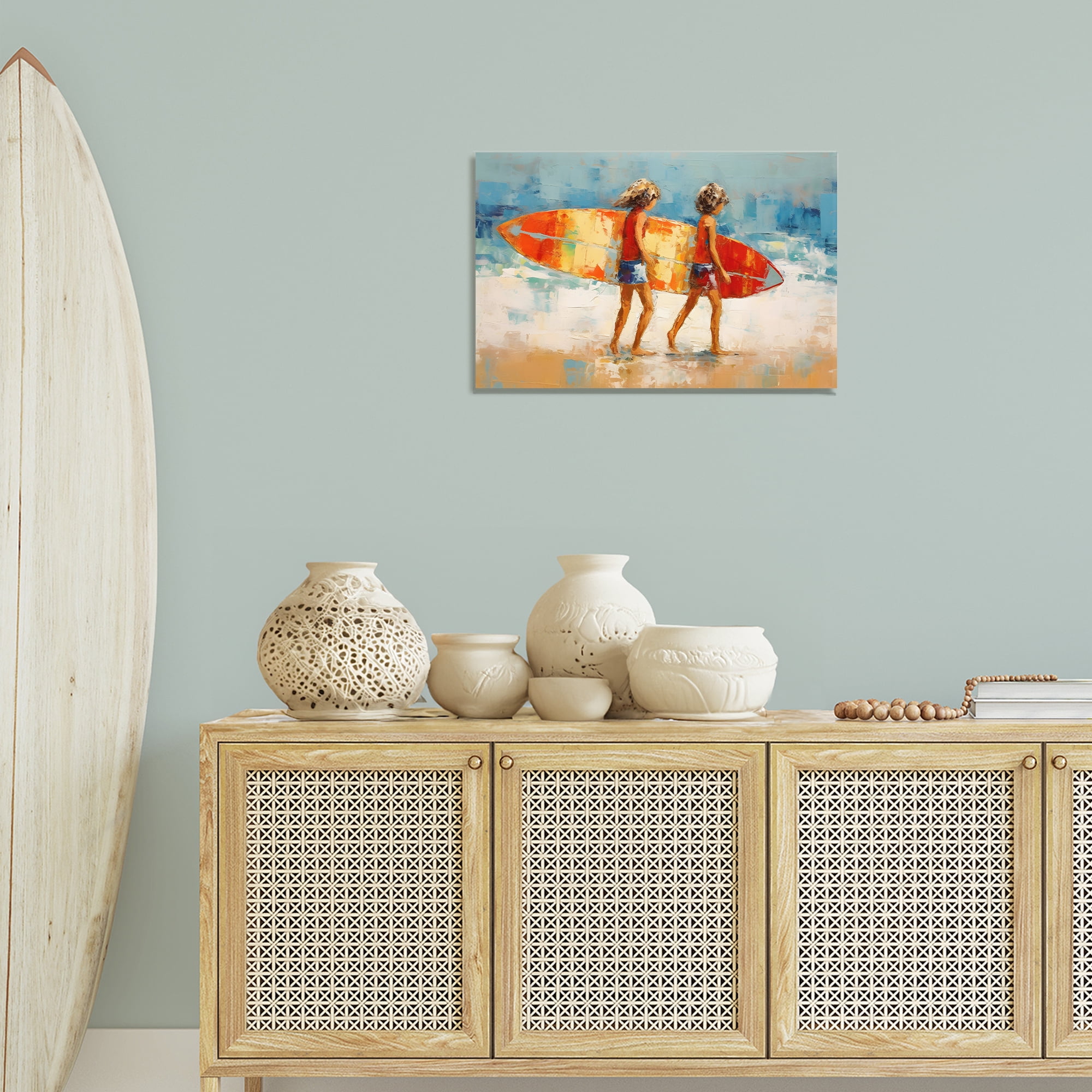 Stupell Industries Kids Holding Surfboard People Painting Wrapped Canvas Art Print Wall Art, 24 x 16