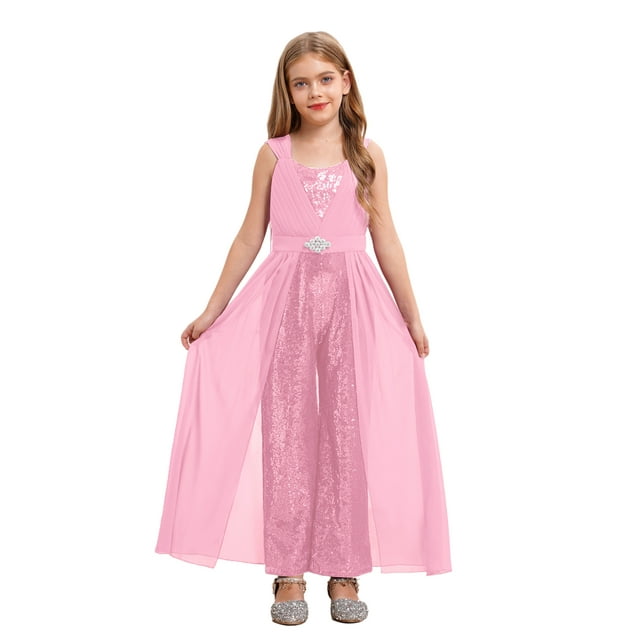 TiaoBug Girls Sequin Jumpsuit Sleeveless Rompers Chiffon Maxi Dress Overalls Playsuits for Age 7-14 Years Pink 10