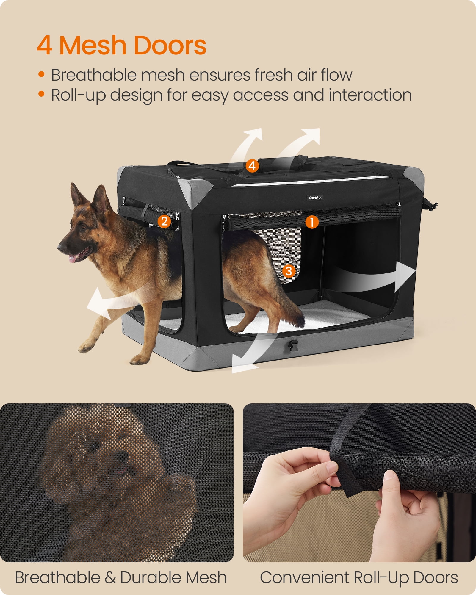 Feandrea Collapsible Dog Crate, Portable Oxford Fabric Pet Travel Crate with 4 Mesh Doors, Handles, Pockets, 42 Inches, for Large Dogs, Ink Black and Dove Gray