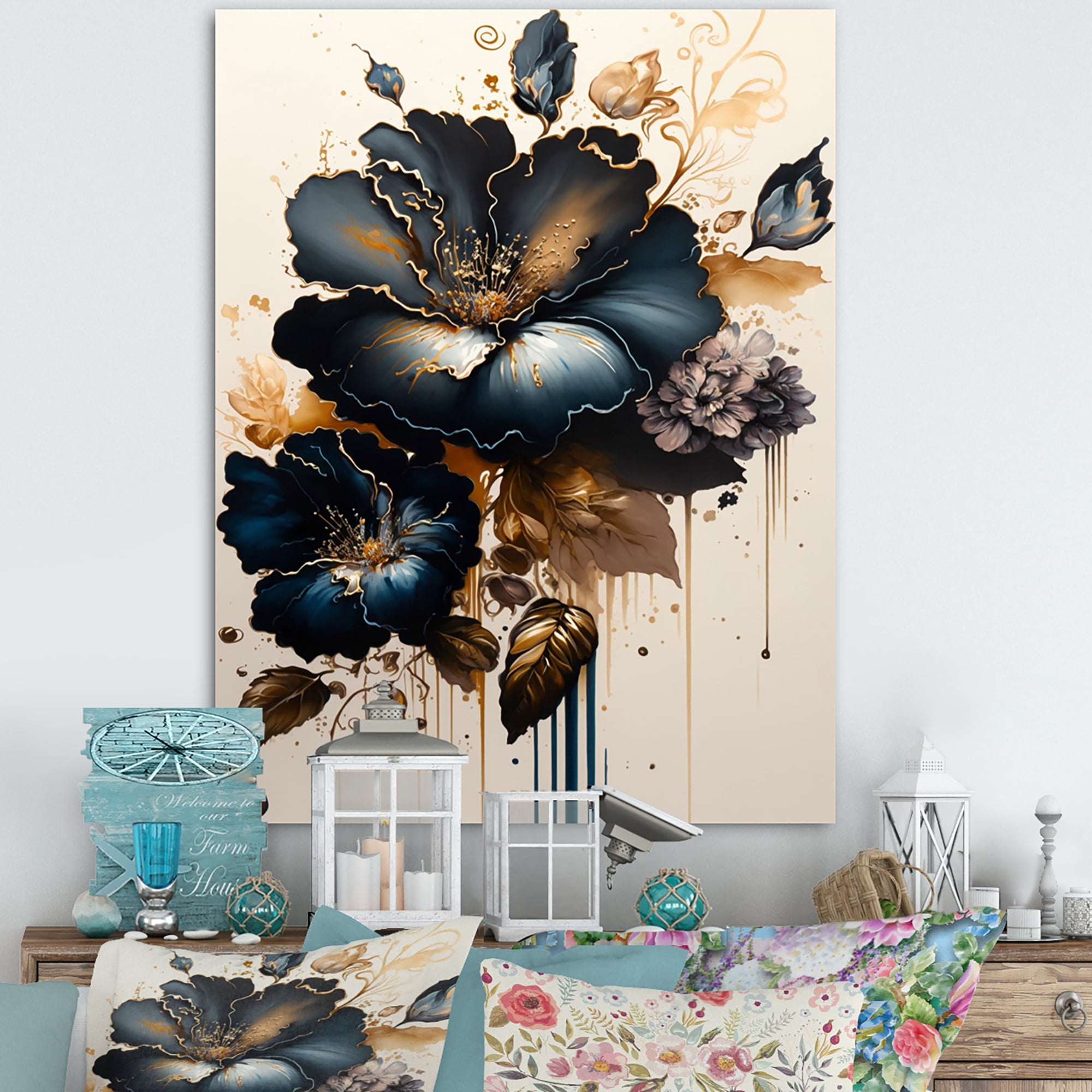 Designart Dark Blue And Gold Hibiscus I Canvas Wall Art