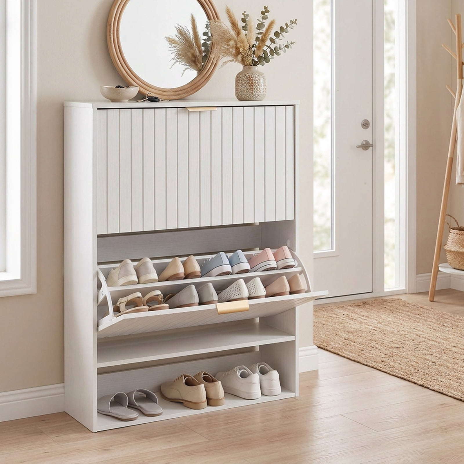 Furnibear Fluted Hidden Shoe Cabinet with 2 Flip Drawers and Open Storage for Entryway Hallway and Foyer Narrow Shoe Storage Organizer, White