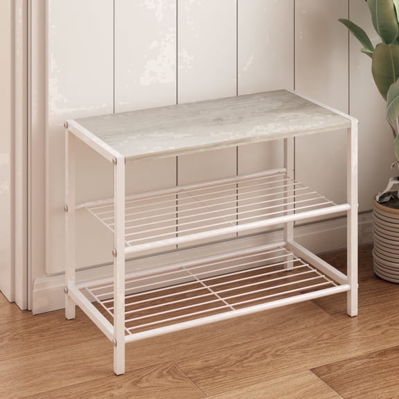 LENLN 3 Tier Metal White Shoe Rack for Entryway with Woop Top, Shoe Storage Organizer Wood Small Shoes Shelf for Hallway, Bedroom,Closet,Dorm,Garage