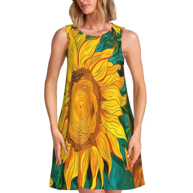 Easygdp Vibrant Sunflower Painting para Vestido Transpirable de Mujer, Vestido Suelto de Manga Corta con Pliegues y Bolsillos para el Verano