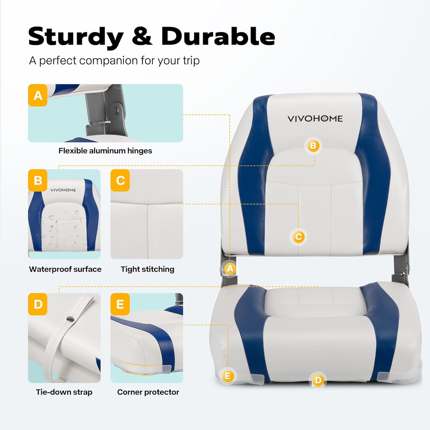SPECSTAR Folding Low Back Boat Seats 2 Pack, Waterproof Boat Captain Chairs, 4 Mounting Screws Included, White and Blue