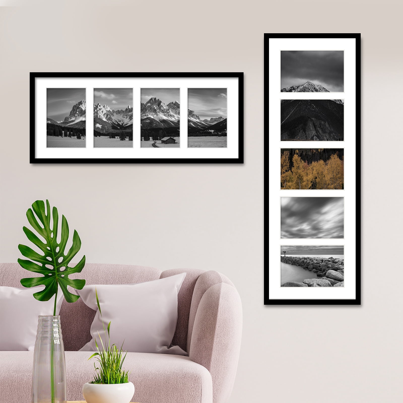 Kuxerla 8x24 Collage Picture Frame ,Displays 5Pcs 4x6 Pictures with Mat or 1Pcs 8x24 Picture without Mat , Collage Picture Frame for Horizontal or Vertical Display, Black, 1 Pack