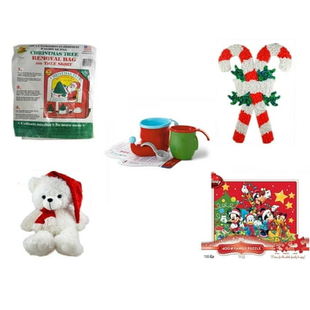 Christmas Fun Gift Bundle [5 Piece] -  Tree Removal Bag And Tree Skirt - Vintage 1960's Kage Co. Melted Popcorn Candy Cane - Hallmark Bake Like an Elf Kit with Recipe Cards - Atico Soft & Cuddly