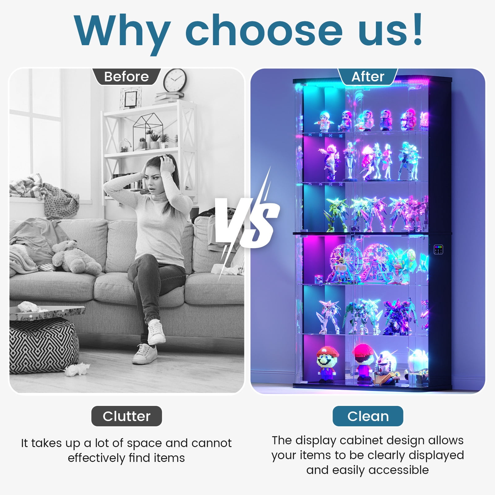 VKCC Display Cabinet with Glass Door and RGB, Lockable Curio Cabinet with Tempered Glass & Curved Acrylic Side, Bookshelf for Living Room, Black