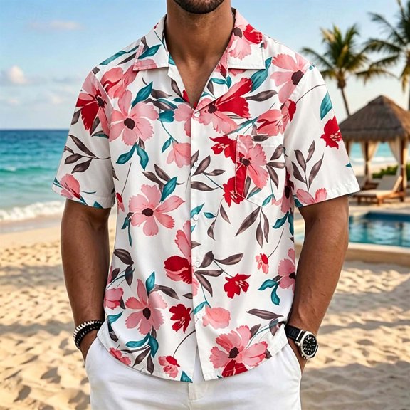 COSFO Short Sleeve Mens Casual Button Down Shirts Floral Summer Beach Shirt with Pocket Loose Fit Collared Vacation Mens Shirts Xs