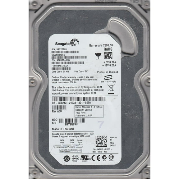 ST3250310AS, 9RY, TK, PN 9EU132-035, FW 3.ADA, Seagate 250GB SATA 3.5 Hard Drive