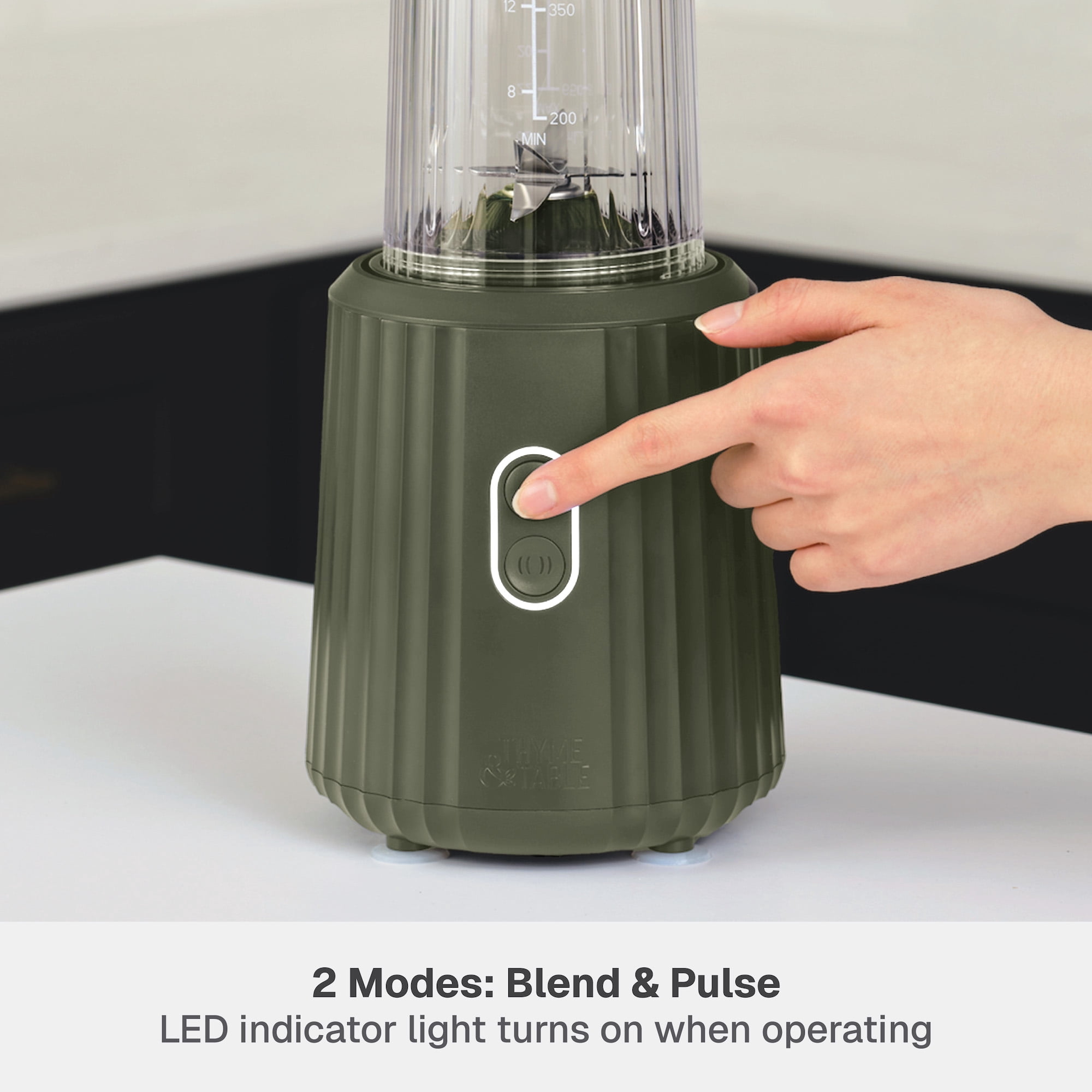 Thyme & Table 900 W 25 oz Single Serve Blender with Tritan Vessel, Smart Seal Lid and Straw, 6-Point Stainless Steel Blade, Dusty Moss