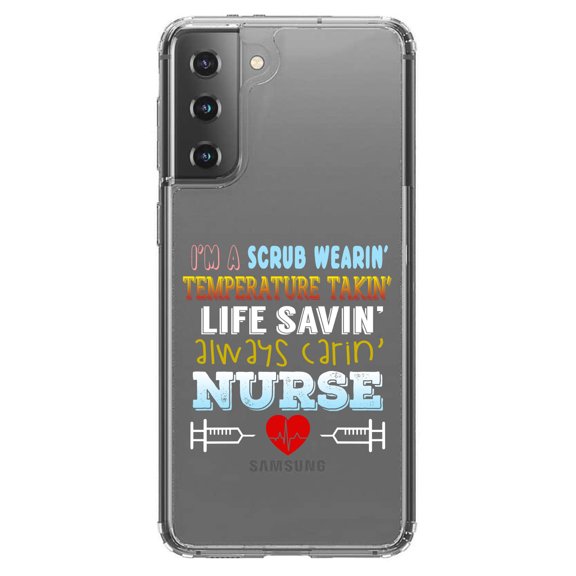 DistinctInk Clear Hybrid Case for Samsung Galaxy S21 (6.2" Screen) - Scrub Wearing Temp Taking Life Saving Nurse - Tempered Glass Back
