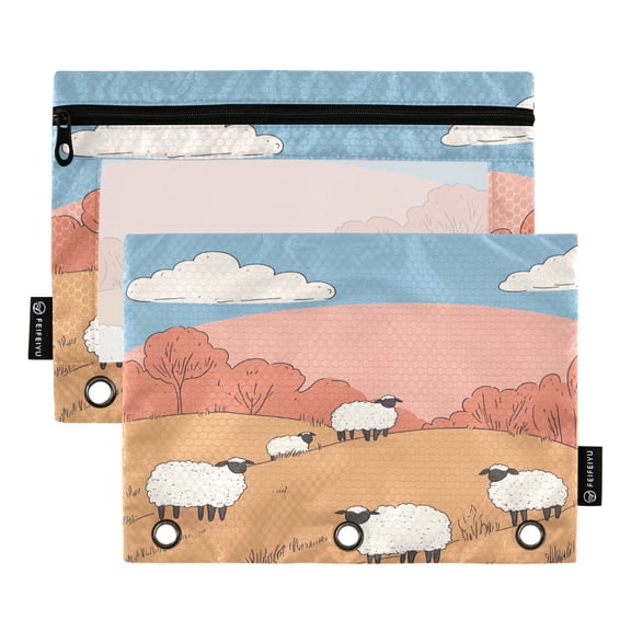 Minimal Sheeps on Lawn 2 Pack Pencil Pouch for 3 Ring Binder Smooth Zipper Folders with Pockets Clear Window Pencil Case