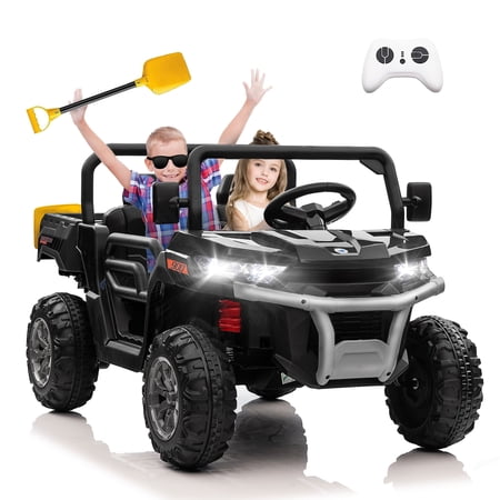 24V 2 Seater Ride on Toys, Ride On UTV with 2x200W Motor Ride On Dump Truck, Ride On Car with Dump Bed/Shovel, Electric Vehicle with Rubber Tires, LED Light, Music, Remote Control, Black