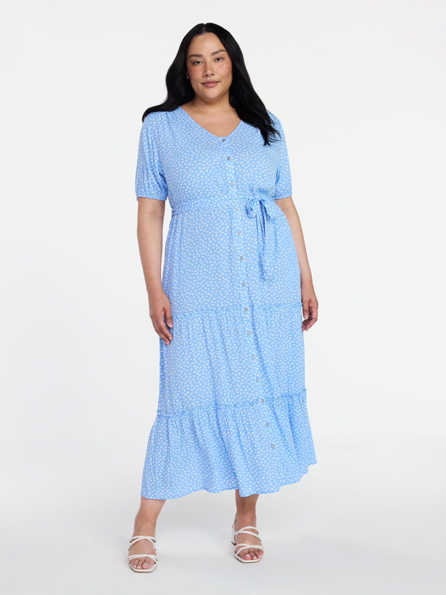 Time and Tru Women’s Crinkle Maxi Dress with Short Sleeves, Sizes XS-XXXL