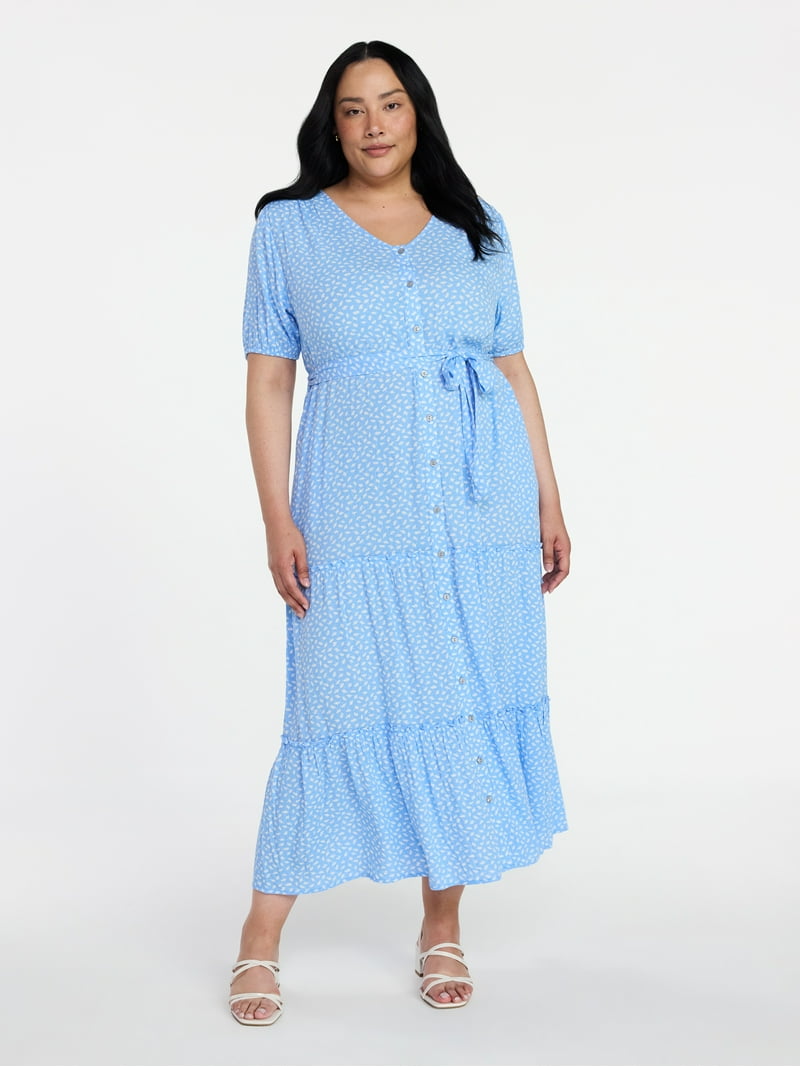Time and Tru Womens Crinkle Maxi Dress with Short Sleeves, Sizes XS-XXXL