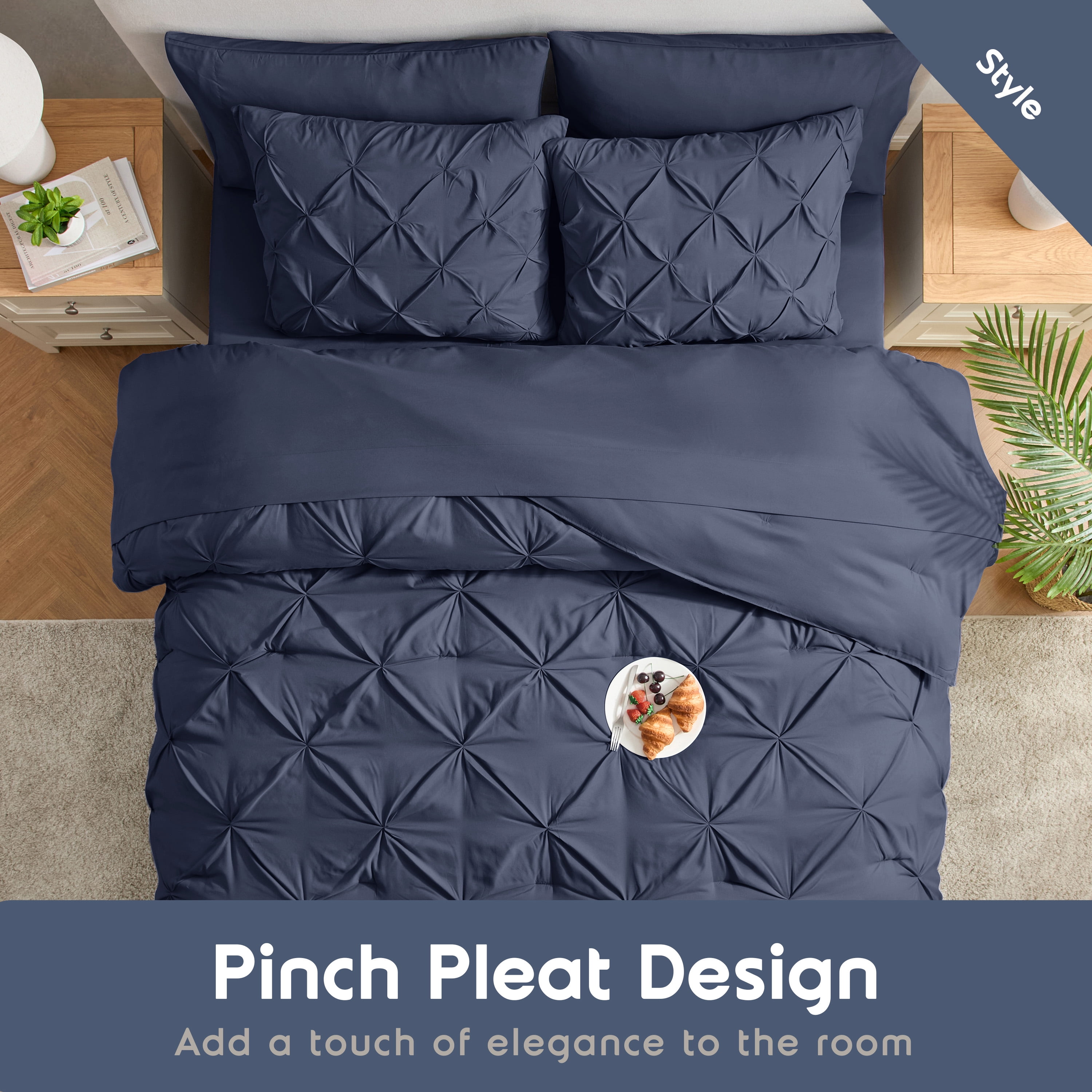 LammaLoe California King Size comforter Sets, 7 Piece Bed In A Bag Pintuck Bedding Sets, Navy