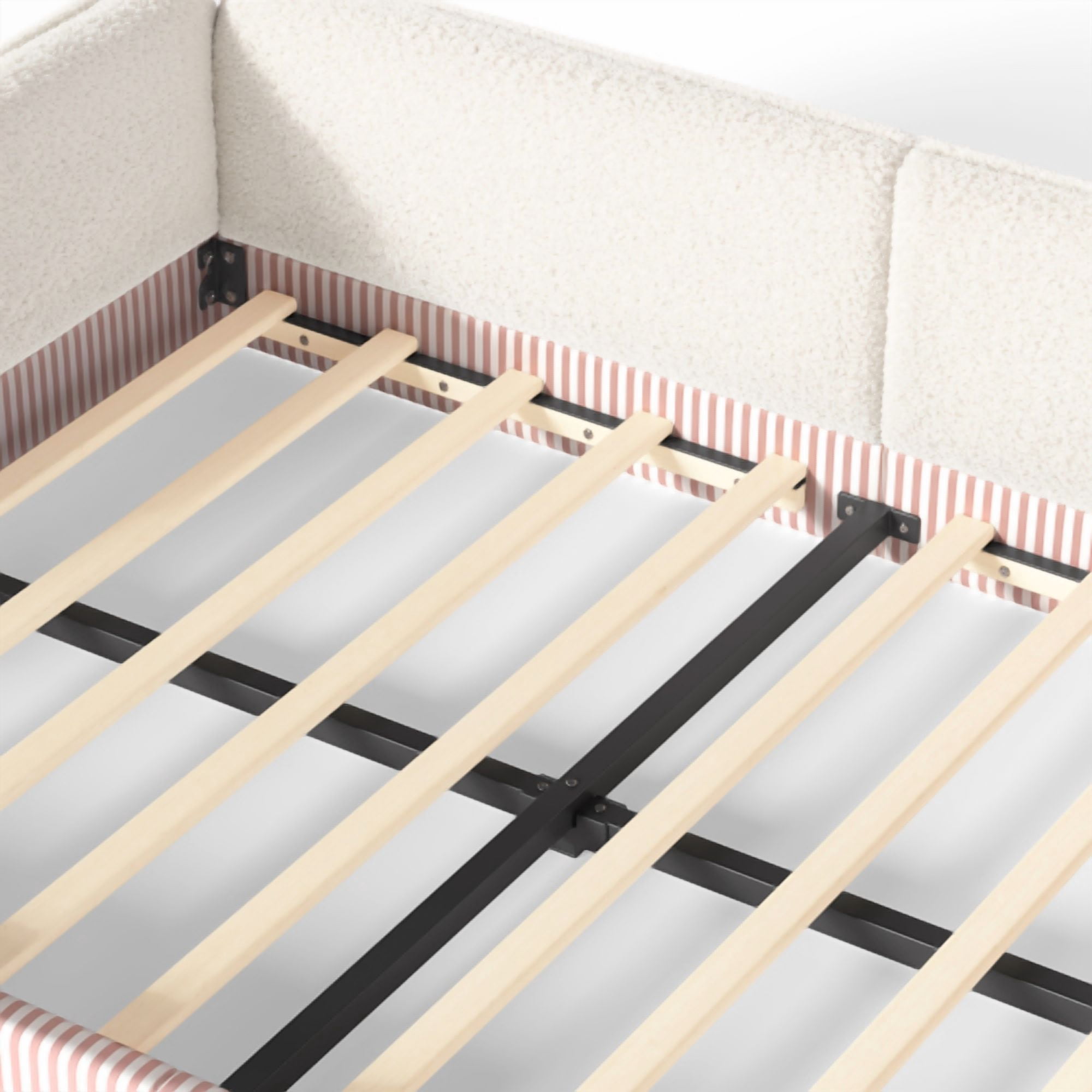 Queen Size Upholstered Teddy Fleece Floor Bed Frame, Half-Enclosed Montessori Low Profile Platform Bed with Full-Perimeter Guardrails for Kids, Beige