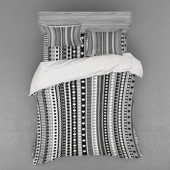 Retro Duvet Cover Set, Ribbon Like Stripe with Stars Flowers and Hearts Geometric Pattern, Bedding Set with Shams and Fitted Sheet, 3 Sizes, by Ambesonne