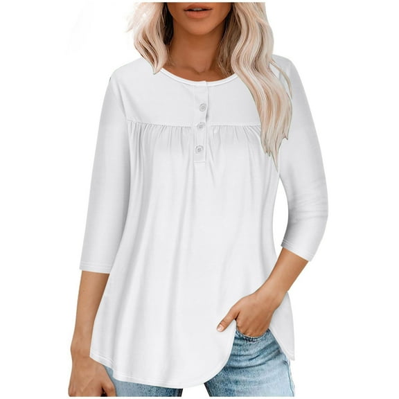 BangWanChi Long Sleeve Shirts for Women Women Casual Summer Solid T-Shirt Quarter Sleeve Round Neck Ruched Pullover Blouse Tops