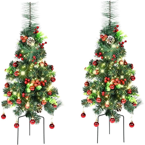 Kanstar Pre-Lit Christmas Trees, 2 Pack, Artificial Urn Filler with 60 LED Lights, Battery Operated