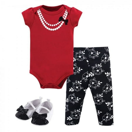 UPC: 0660168701968 | Little Treasure Baby Girl Cotton Bodysuit  Pant and Shoe 3pc Set  Red Pearls  0-3 Months