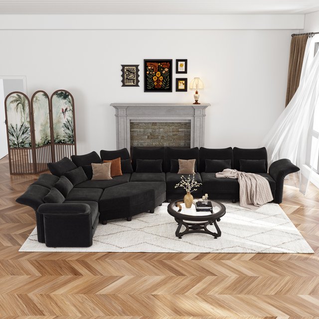 LLappuil Modular Sectional Sofa, Oversized 8 Seat Modular Sectional Sofa with Storage, 25.6" Deep Seat Chenille Sofa Couch for Living Room Black