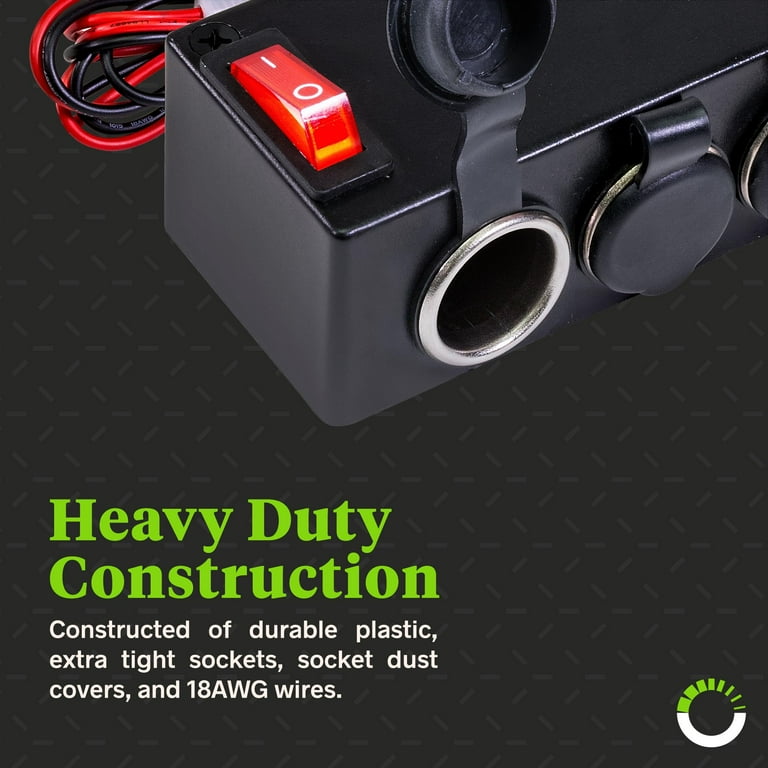 Automotive DC Power Outlet Extension w/On-Off Switch [Heavy Duty] [12V-24V]  [15 Amp] [In-Line Fuse] [Hardwire] Car Triple Socket Cigarette Lighter 
