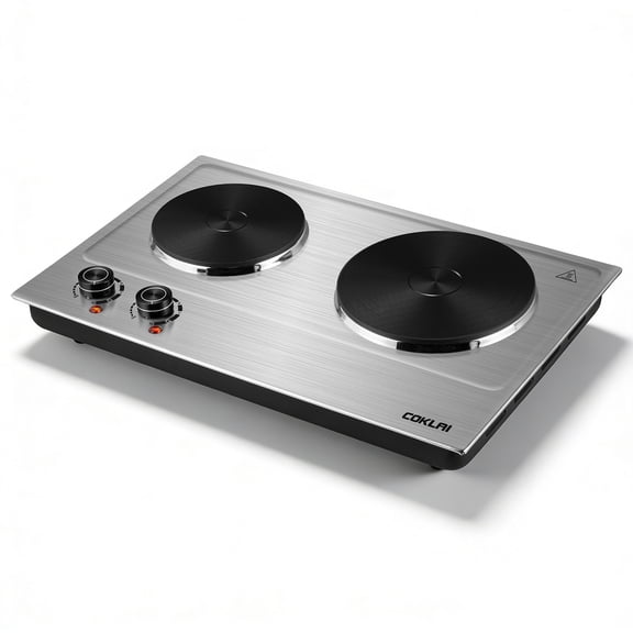 Coklai 1800W Portable Double Burner Hot Plate – Stainless Steel Countertop Electric Cooktop with Dual Cast Iron Heating Plates, Easy-to-Clean Silver Design, 2026 Version