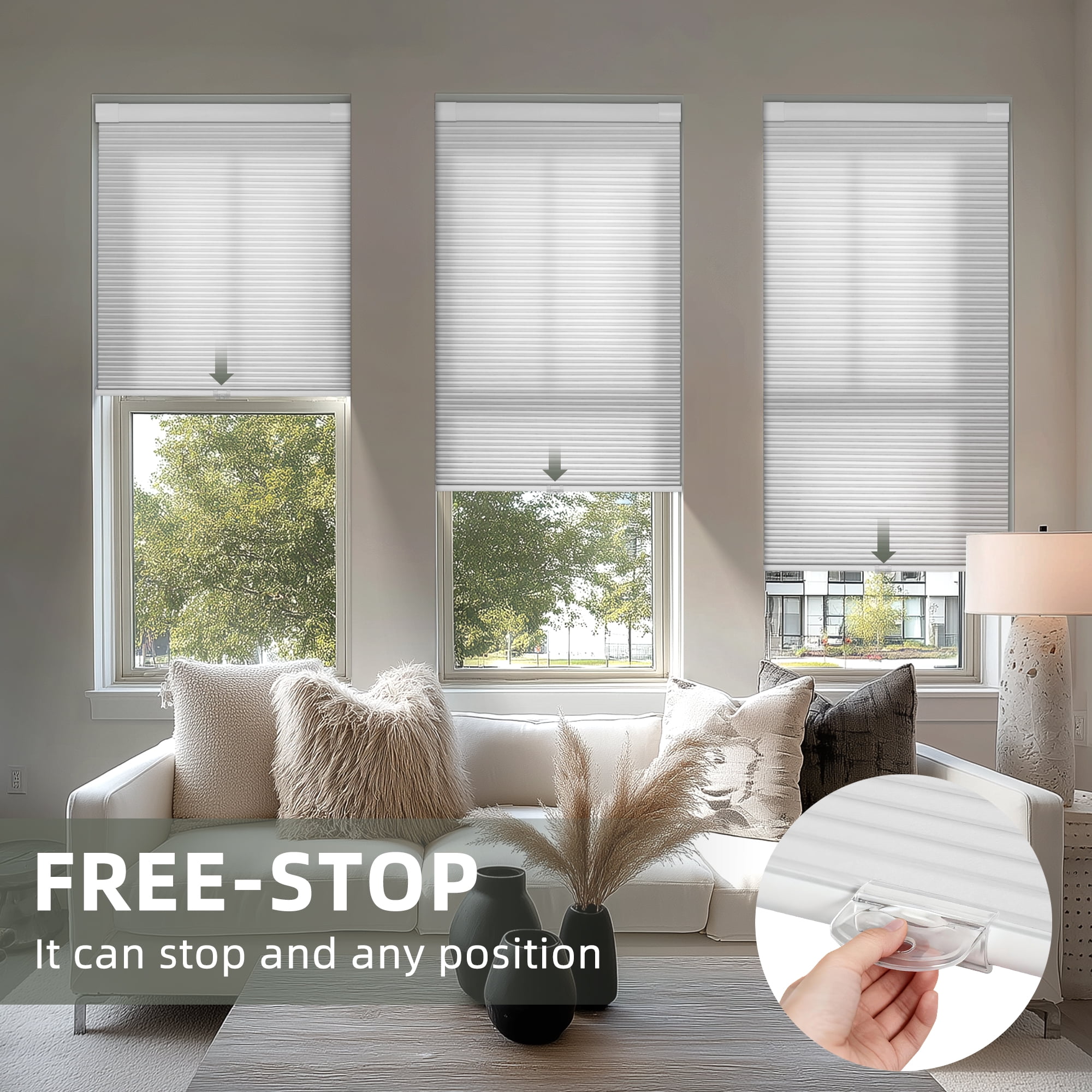 BERISSA Cordless No Drill No Tools Cellular Shades, Light Filtering Pull Down Window Blinds,White,34" W x 72" H