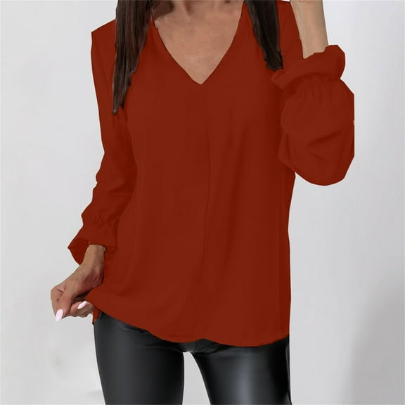 Tittly T Shirts for Women Basic Tees Women's Solid Color Chiffon V Neck Pullover Flared Long Sleeve Blouse Tshirts Shirts Tops for Women Trendy A L