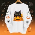 thumbnail image 2 of Cute Halloween Sweatshirt Women Black Cat Pumpkin Sleeve Graphic Print Crew Neck Long Sleeve Pullover Oversized Fleece Lined Fall Top for Spooky Season Holiday Party and Casual Outfits, 2 of 8
