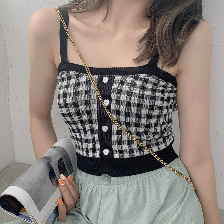 Women's Casual Retro Sweet Plaid Pattern Knit Camisole Cotton Sexy Slim  Bottoming Crop Top Crop Cami Top