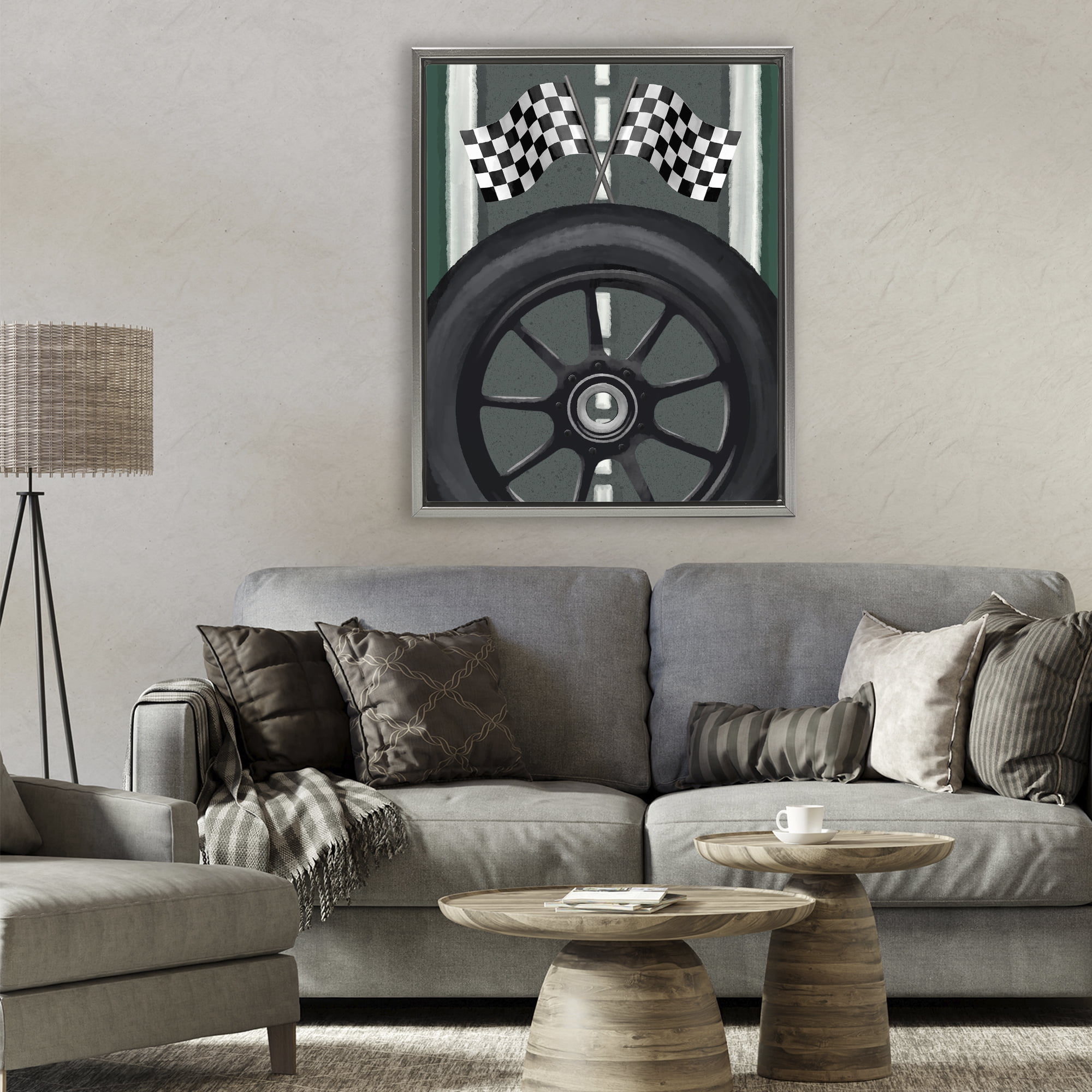 Stupell Industries Racetrack Flags & Tire Gray Framed Floater Canvas Wall Art, design by Jennifer Stith