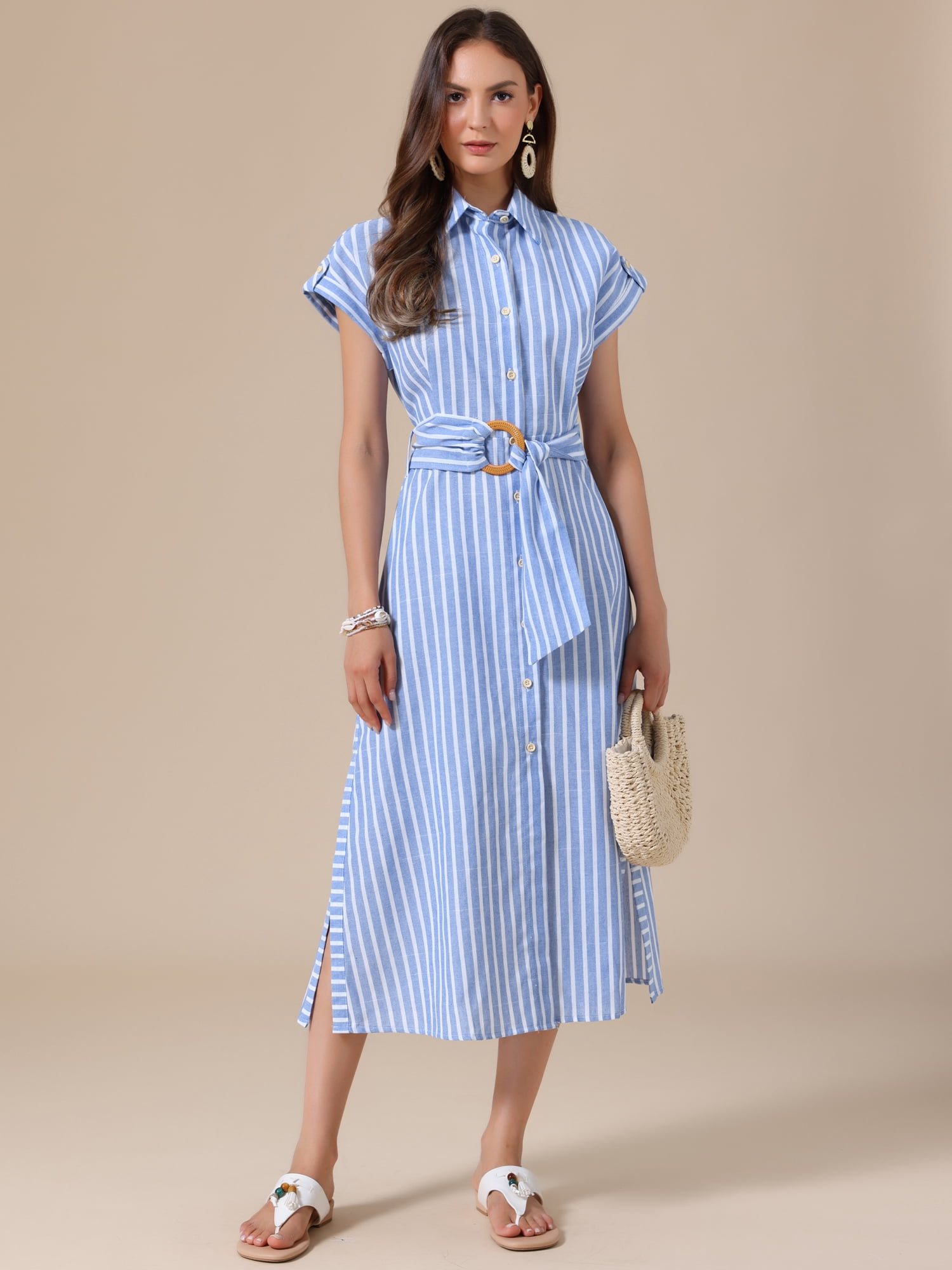 DARING DIVA Women's Button Down Tie Waist Side Slit Striped Midi Dresses S Blue and White