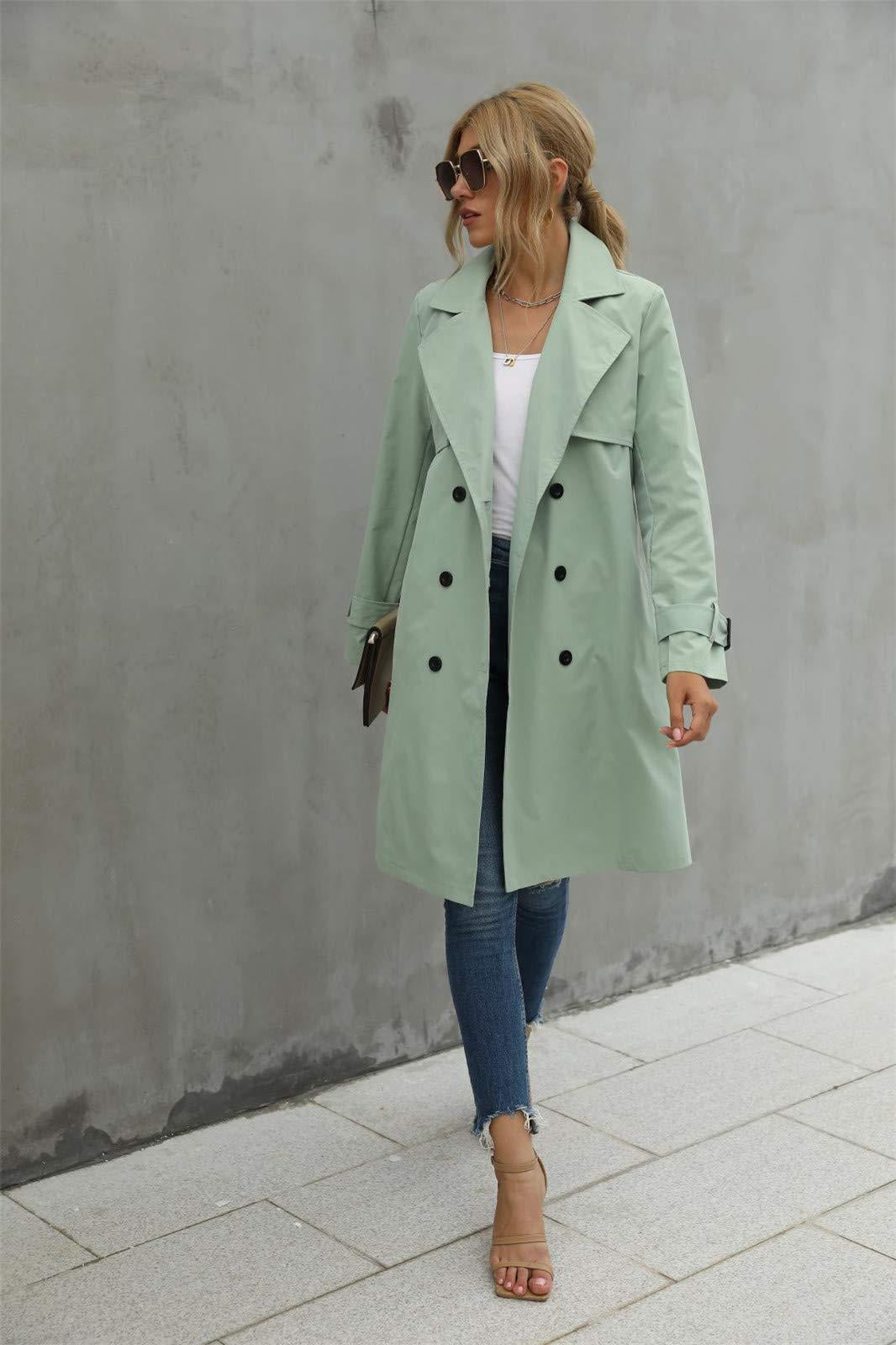 Women Trench Coat Jacket Adults Long Sleeve Lapel Double Breasted Belted Trench Coat 