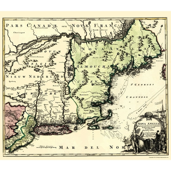 Historic Revolutionary War Map - New England North America - Homann 1780 - 23 x 32.26 - Vintage Wall Art