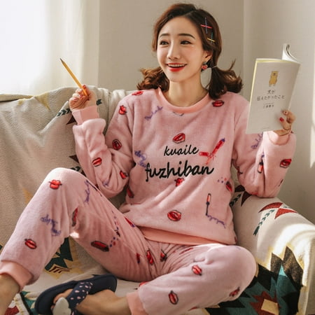 

Ladies Pyjama Women Winter Flannel Pajama Set Fleece Pajamas Sleepwear Thick Warm Velvet Female Homewear Suit Cute Sweet Pijama