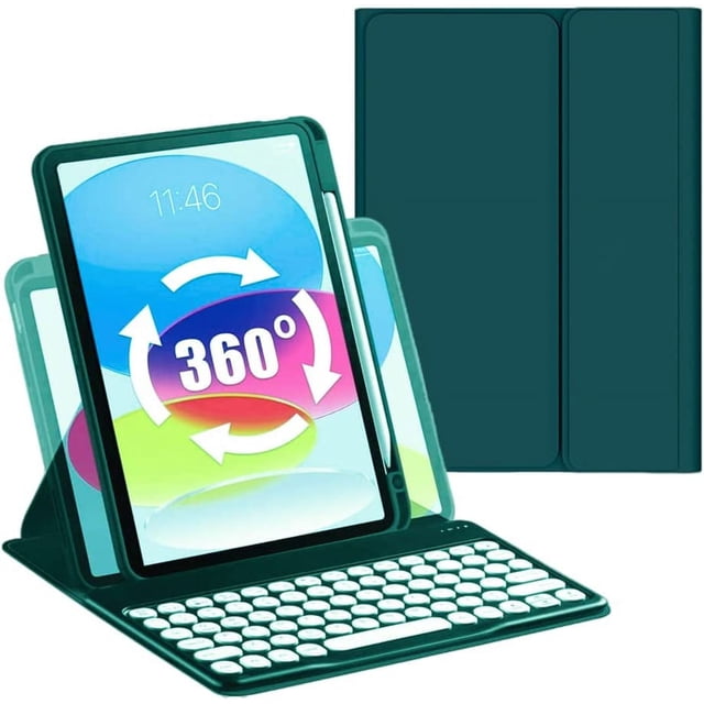 Timoom Funda para iPad Giratoria 360° de 9.ª/8.ª/7.ª Generación con Combo de Teclado y Mouse, Funda con Teclas Redondas Magnética y Teclado Inalámbrico Desmontable con Mouse y Soporte para Lápiz