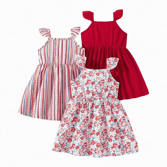 Gibobby Little Girls Summer Fashion Casual A-Line Dresses 3 Pack Cute Flutter Ruffle Strap Tank Sleeveless Outfits for 3-8 Years Girls(3-4 Years,Orange)