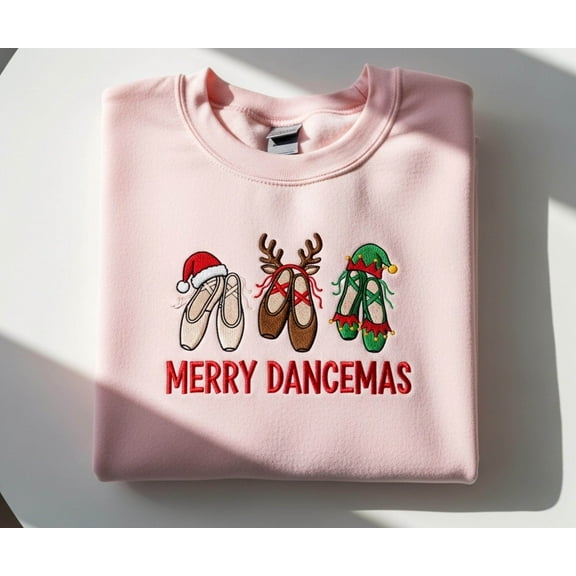 Merry Dancemas Embroidered Sweatshirt – Pink Christmas Ballet Sweater with Santa Reindeer Elf Shoes, Dance Teacher Holiday Gift