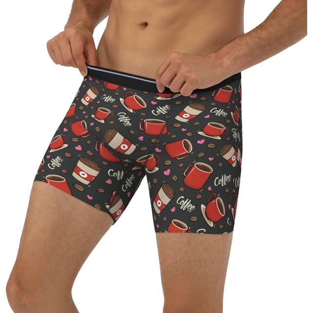 Mens Extended Length Boxer Briefs - Red Mug Coffee Print Soft Comfortable Men Underwear Boxer Briefs